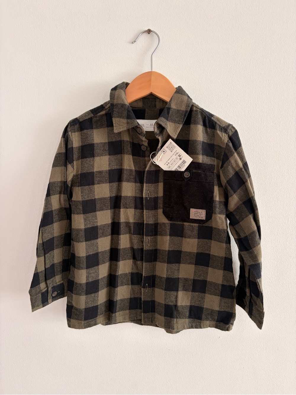 Zara Kids Olive Green & Black Plaid Button-Down Shirt